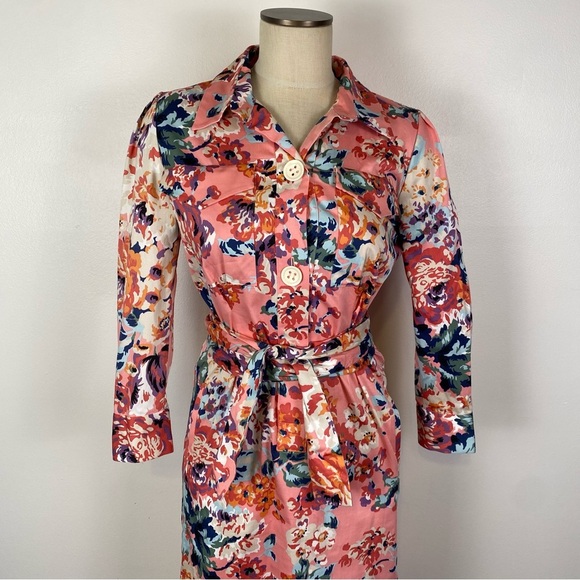 Zara SS18 Pink Floral Print Belted Shirt Midi Dress Size XS Button Tie Waist - Picture 4 of 16